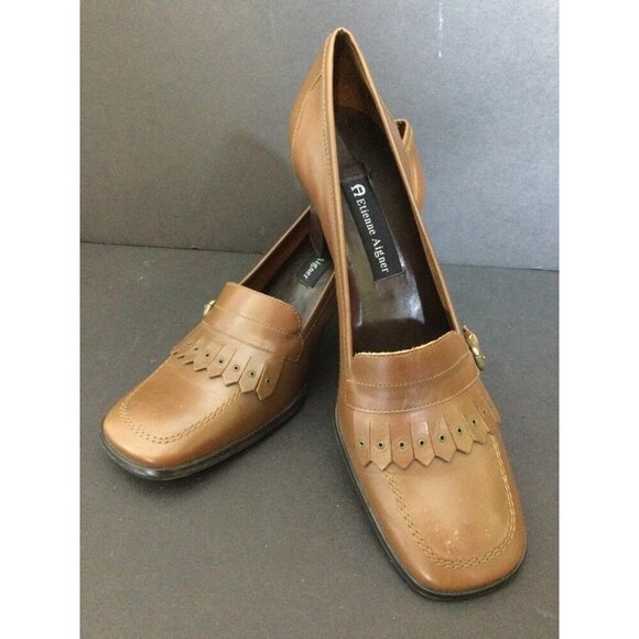 Etienne Aigner Brown Leather Loafer Heels Size 10 M Made In Brazil - Picture 2 of 10